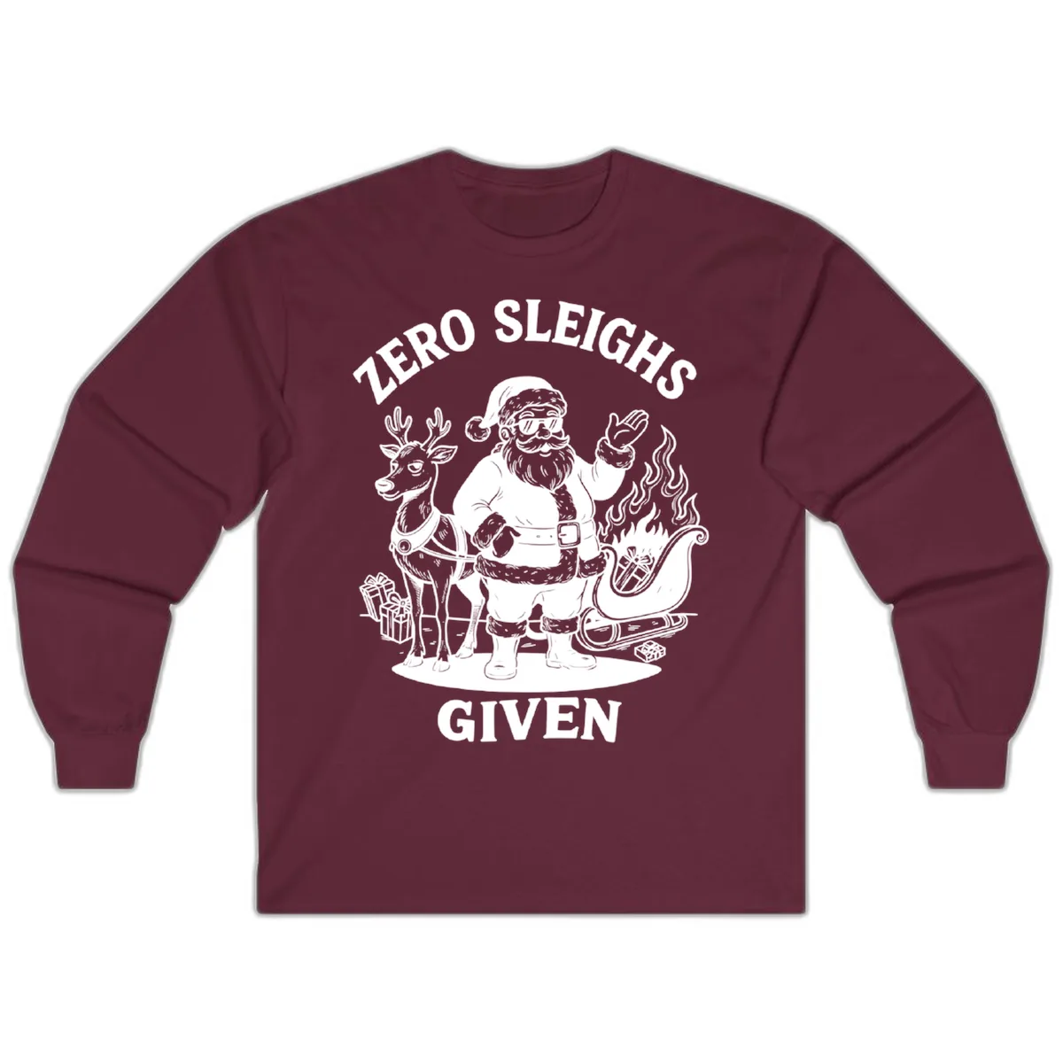Zero Sleighs Given Christmas Illustration Long Sleeve in Maroon