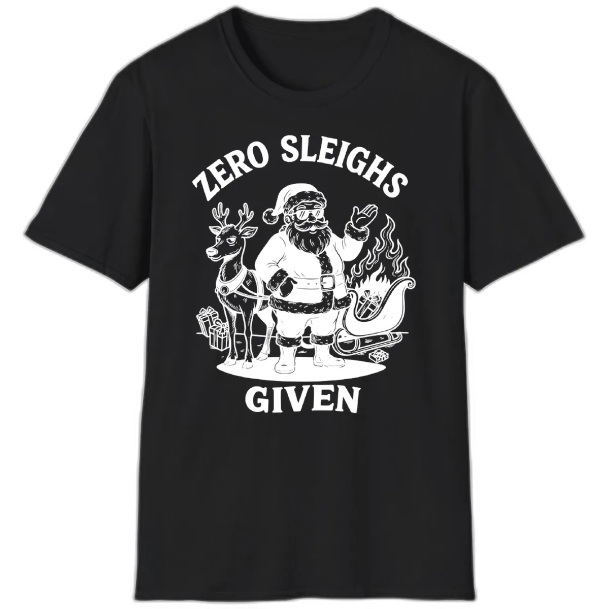 Zero Sleighs Given Christmas Illustration T-Shirt in Black