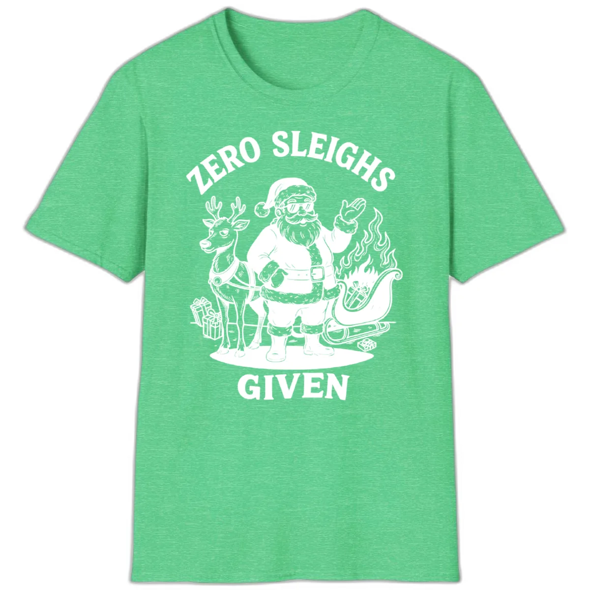 Zero Sleighs Given Christmas Illustration T-Shirt in Heather Irish Green