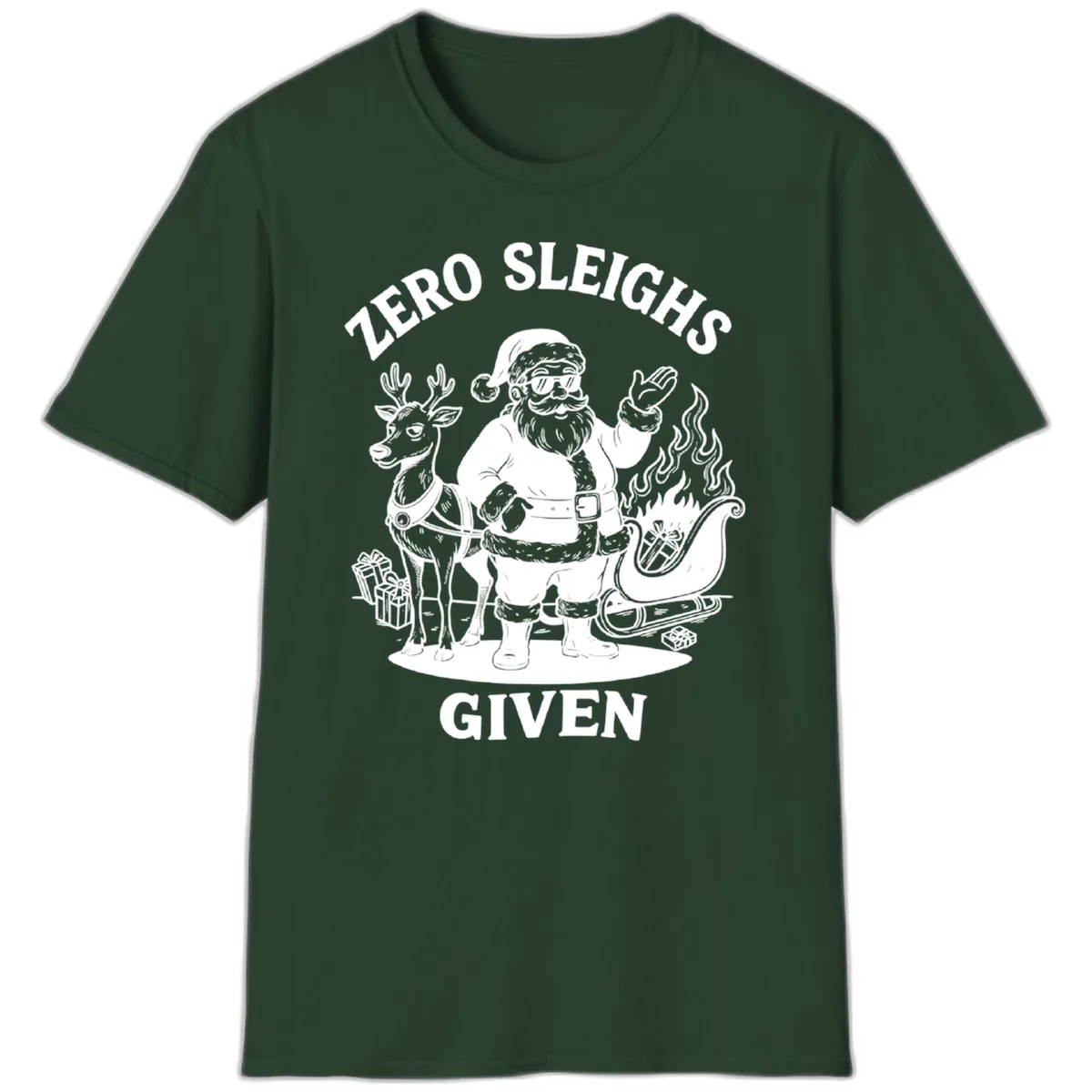 Zero Sleighs Given Christmas Illustration T-Shirt in Forest Green
