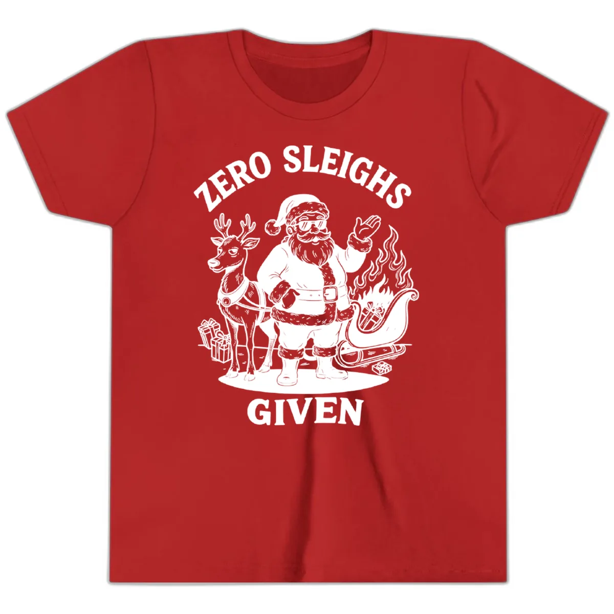 Zero Sleighs Given Christmas Illustration Youth T-Shirt in Red