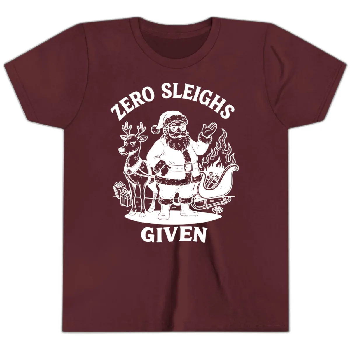 Zero Sleighs Given Christmas Illustration Youth T-Shirt in Maroon