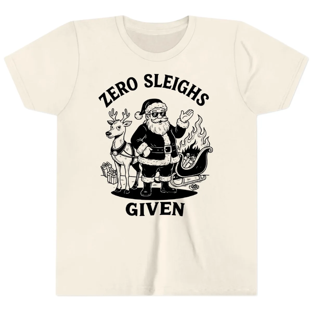 Zero Sleighs Given Christmas Illustration Youth T-Shirt in Natural