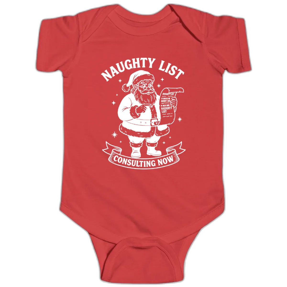 Santa's Naughty List Consulting Baby Onesie in Red