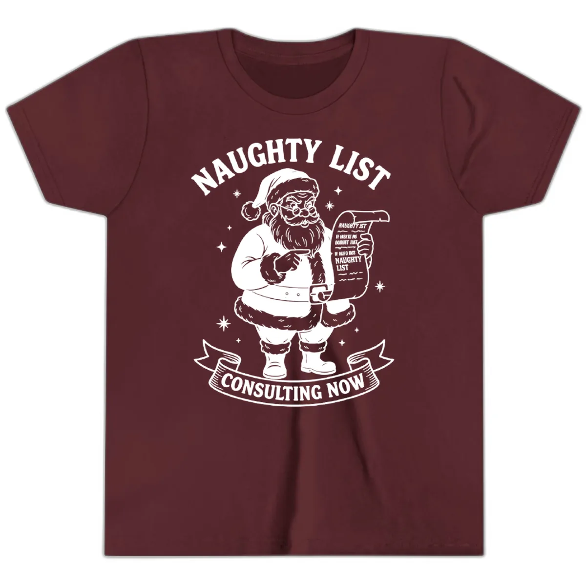 Santa's Naughty List Consulting Youth T-Shirt in Maroon