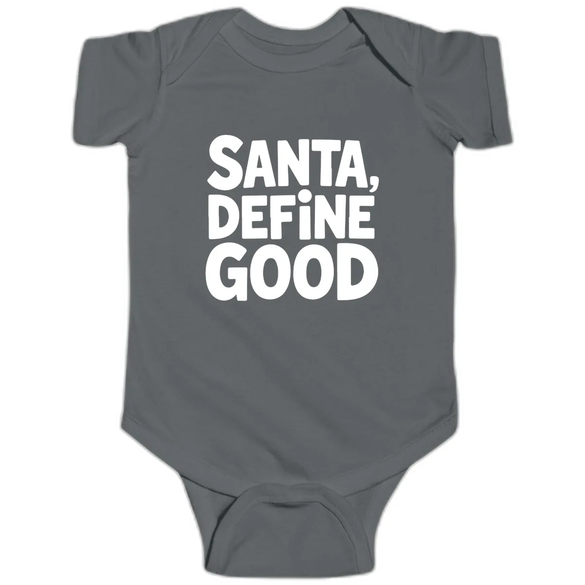 Santa Define Good Typography Baby Onesie in Charcoal