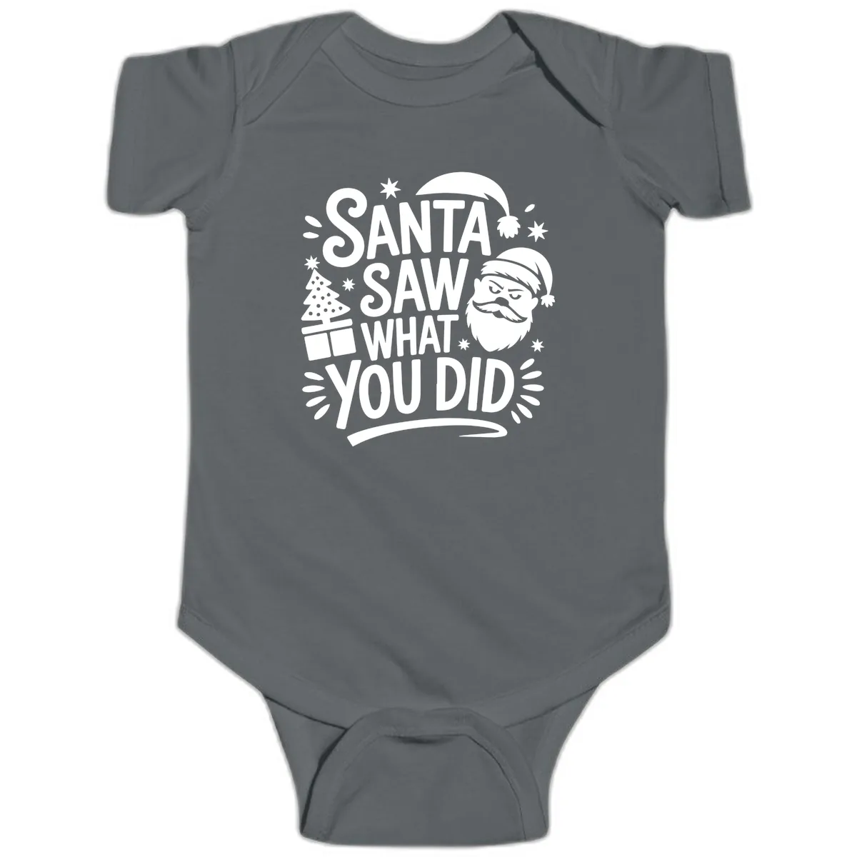 Santa Saw What You Did Design Baby Onesie in Charcoal