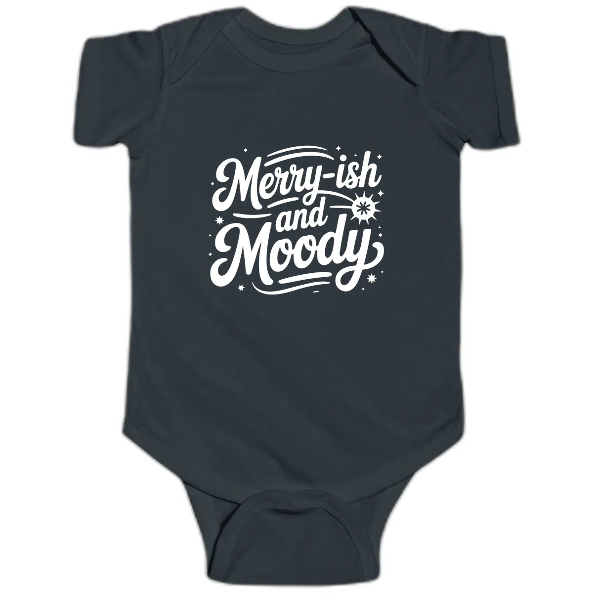 Merry-ish and Moody Typography Baby Onesie in Black