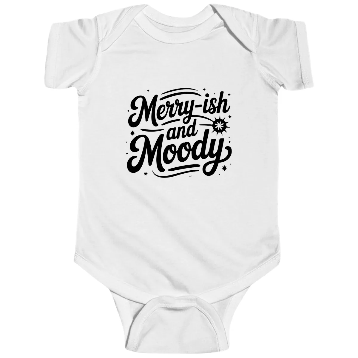 Merry-ish and Moody Typography Baby Onesie in White