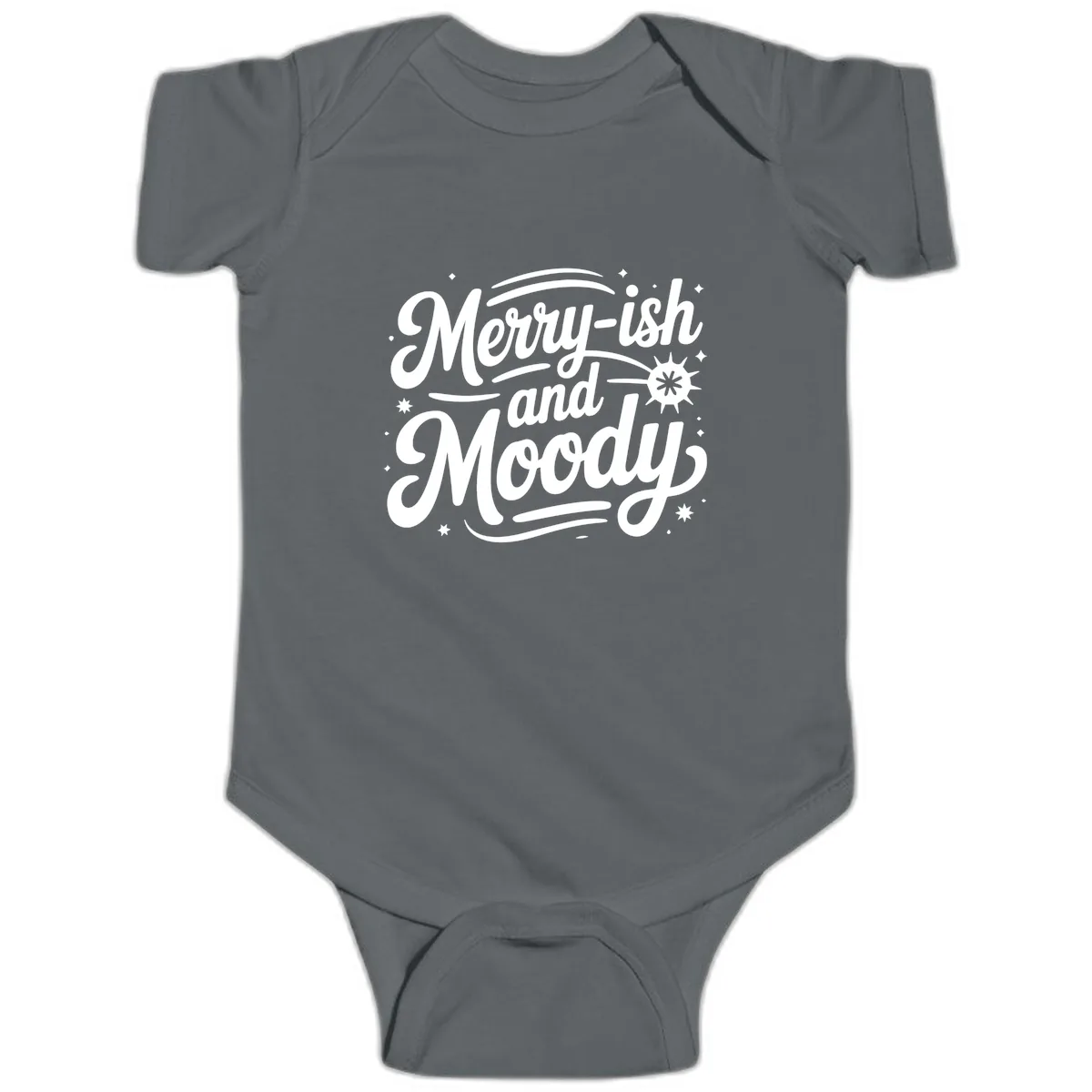 Merry-ish and Moody Typography Baby Onesie in Charcoal
