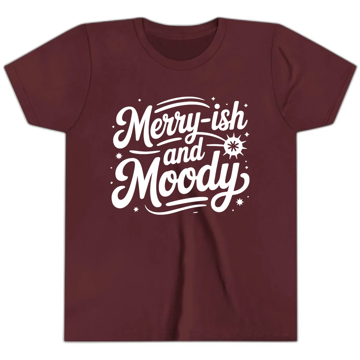 Merry-ish and Moody Typography Youth T-Shirt in Maroon