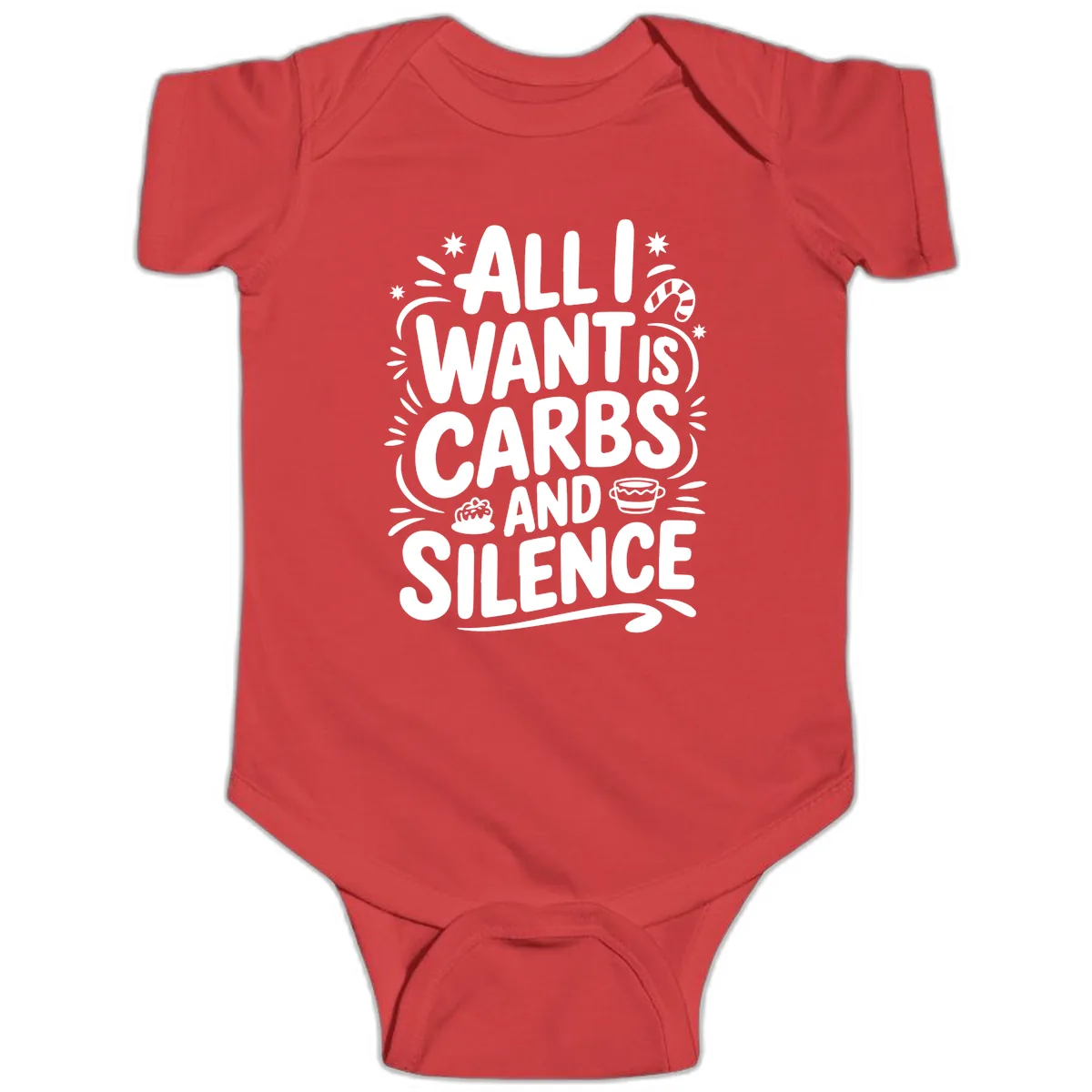 All I Want Is Carbs And Silence Baby Onesie in Red