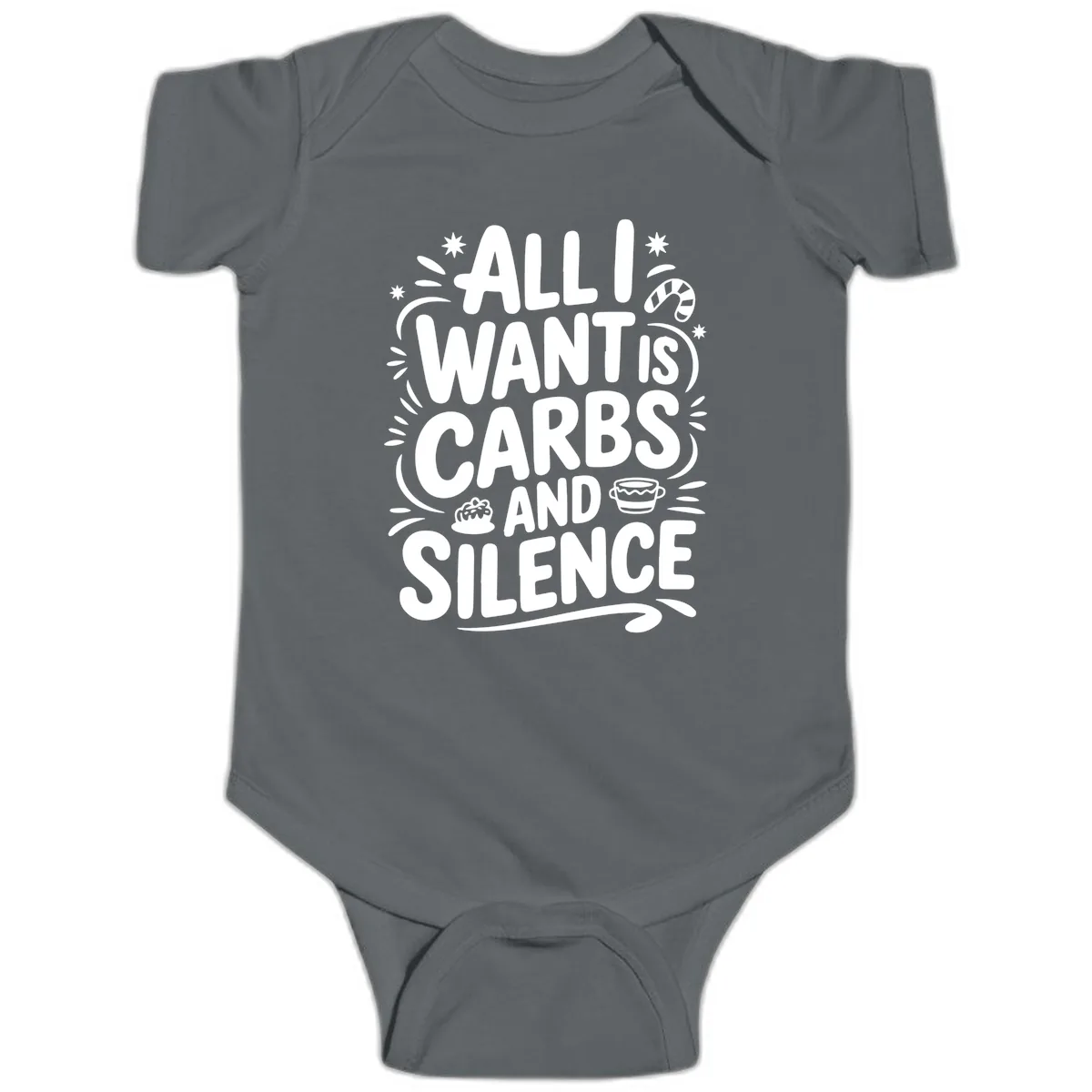 All I Want Is Carbs And Silence Baby Onesie in Charcoal