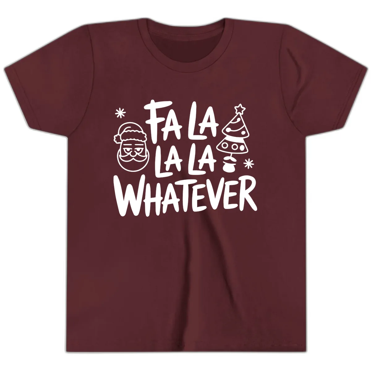 Fa La La Whatever Christmas Design Youth T-Shirt in Maroon