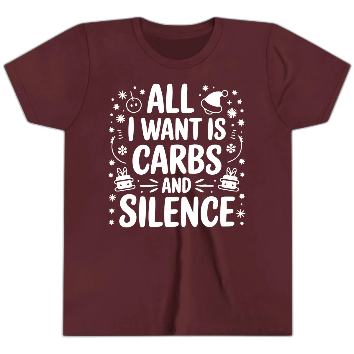 All I Want Is Carbs And Silence Youth T-Shirt in Maroon