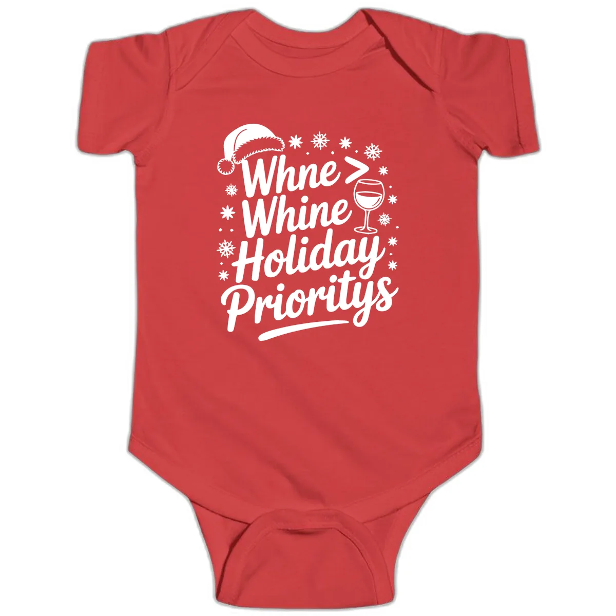 Wine Over Whine Holiday Priorities Baby Onesie in Red