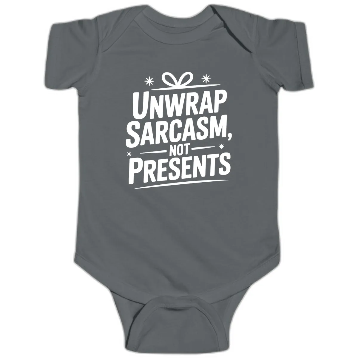 Unwrap Sarcasm Not Presents Baby Onesie in Charcoal