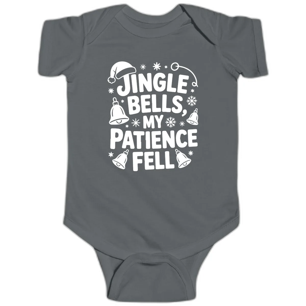 Jingle Bells My Patience Fell Baby Onesie in Charcoal