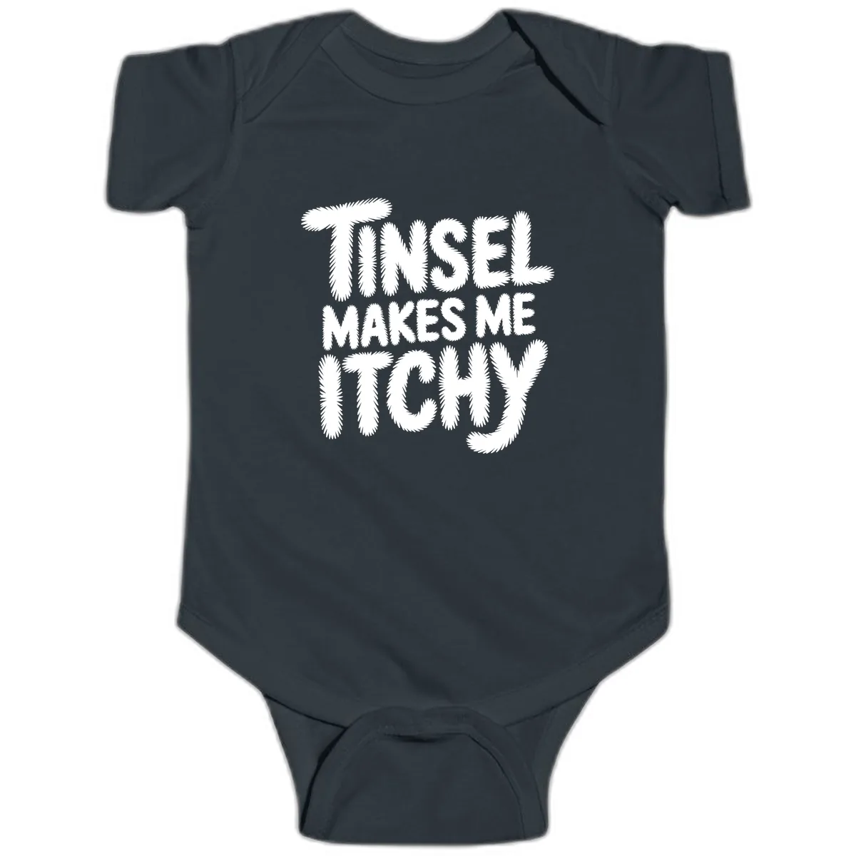 Tinsel Makes Me Itchy Typography Baby Onesie in Black