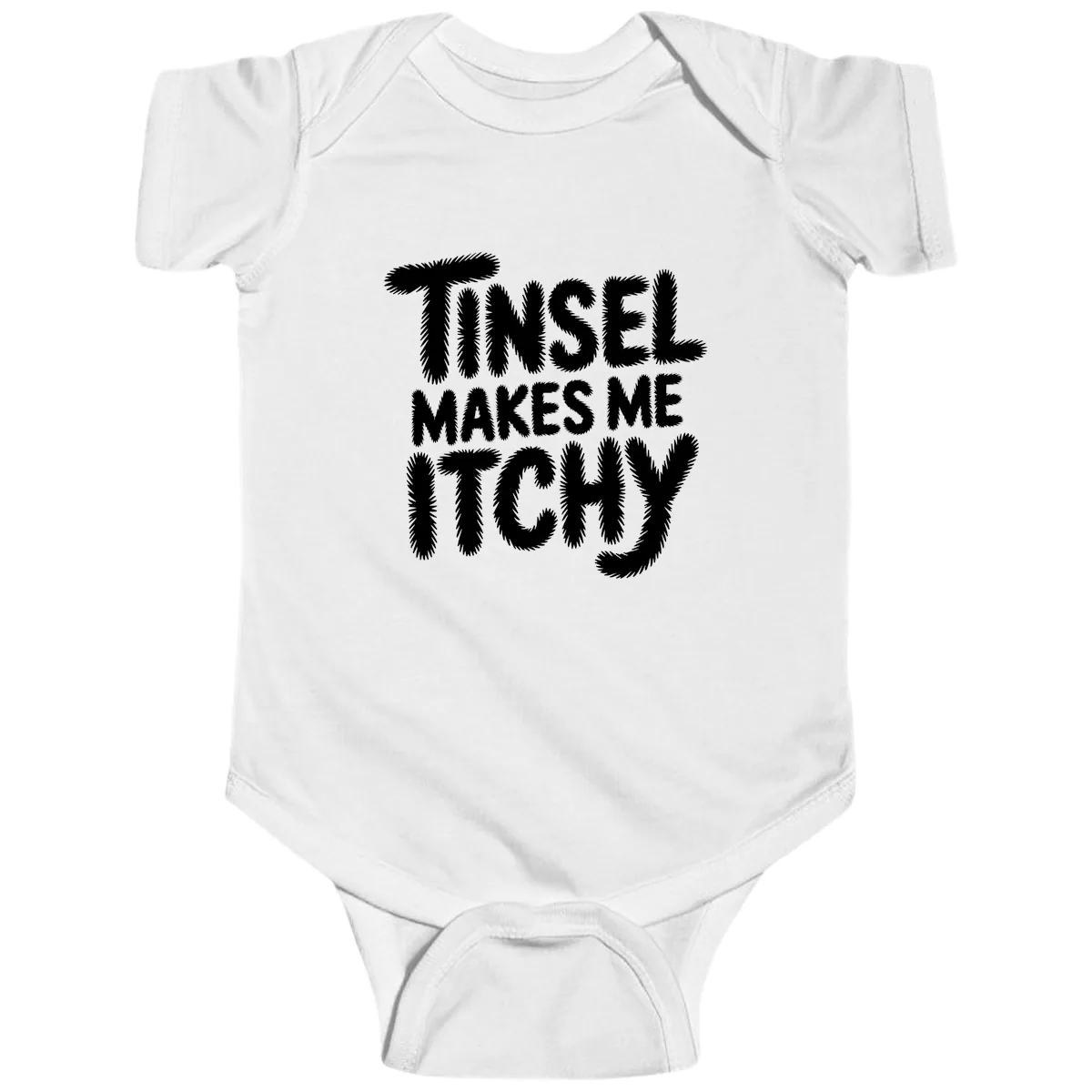 Tinsel Makes Me Itchy Typography Baby Onesie in White