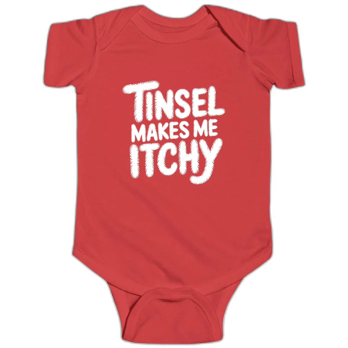 Tinsel Makes Me Itchy Typography Baby Onesie in Red