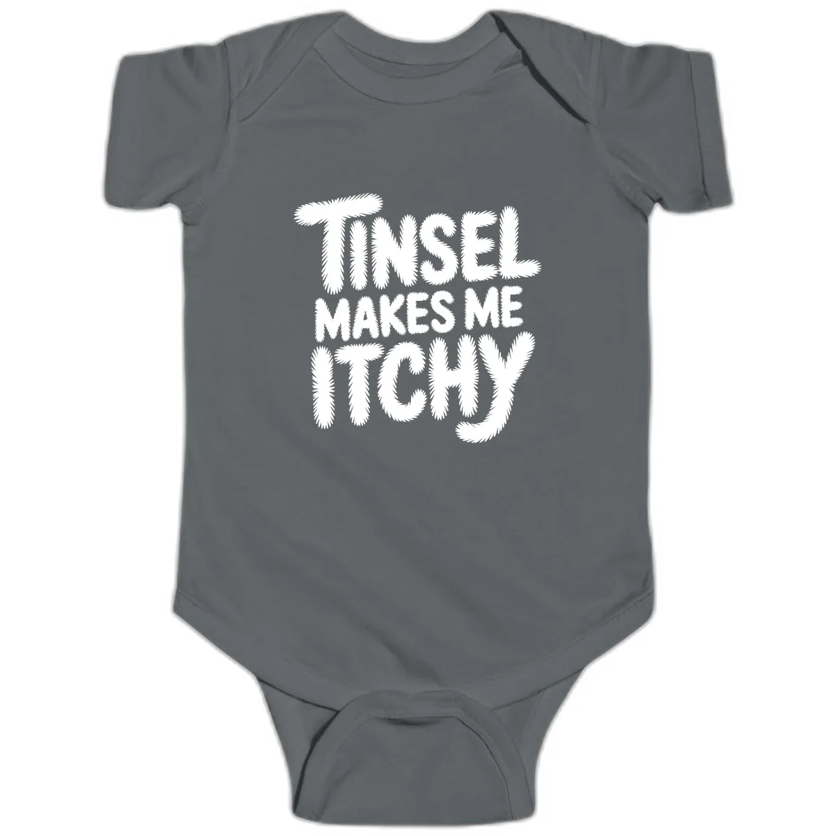 Tinsel Makes Me Itchy Typography Baby Onesie in Charcoal