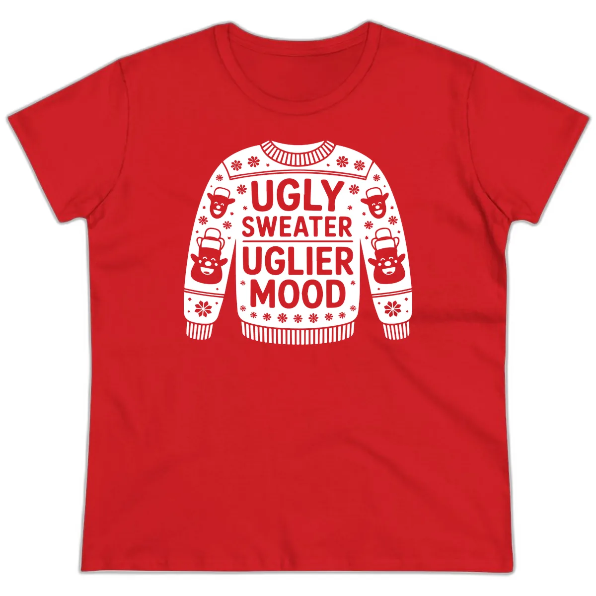 Ugly Sweater Uglier Mood Graphic Ladies Tee in Red