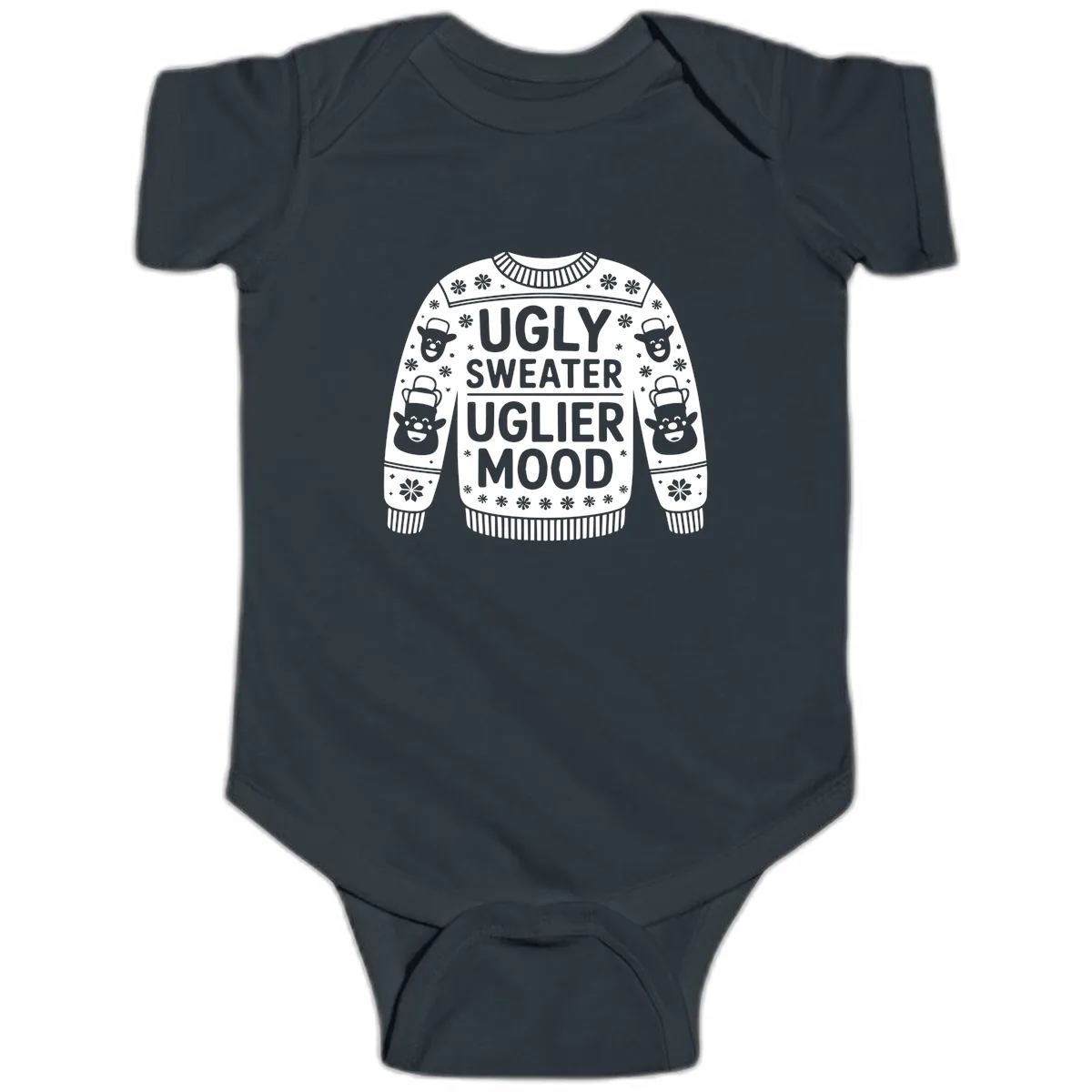 Ugly Sweater Uglier Mood Graphic Baby Onesie in Black