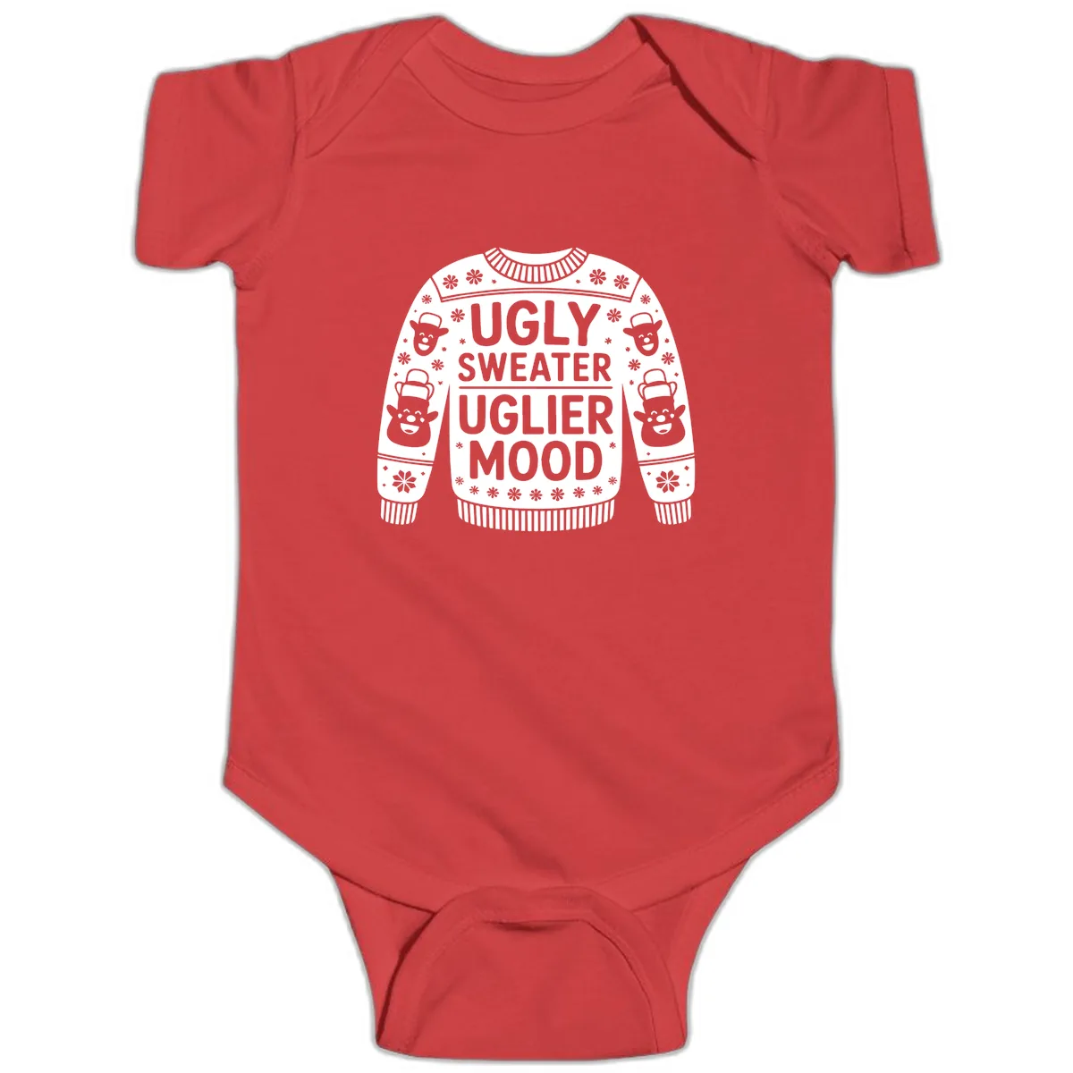 Ugly Sweater Uglier Mood Graphic Baby Onesie in Red