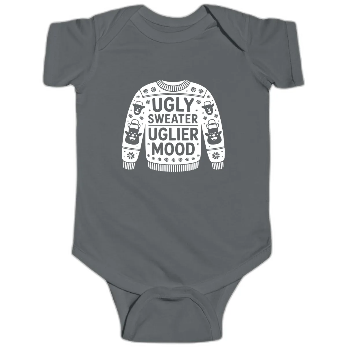 Ugly Sweater Uglier Mood Graphic Baby Onesie in Charcoal