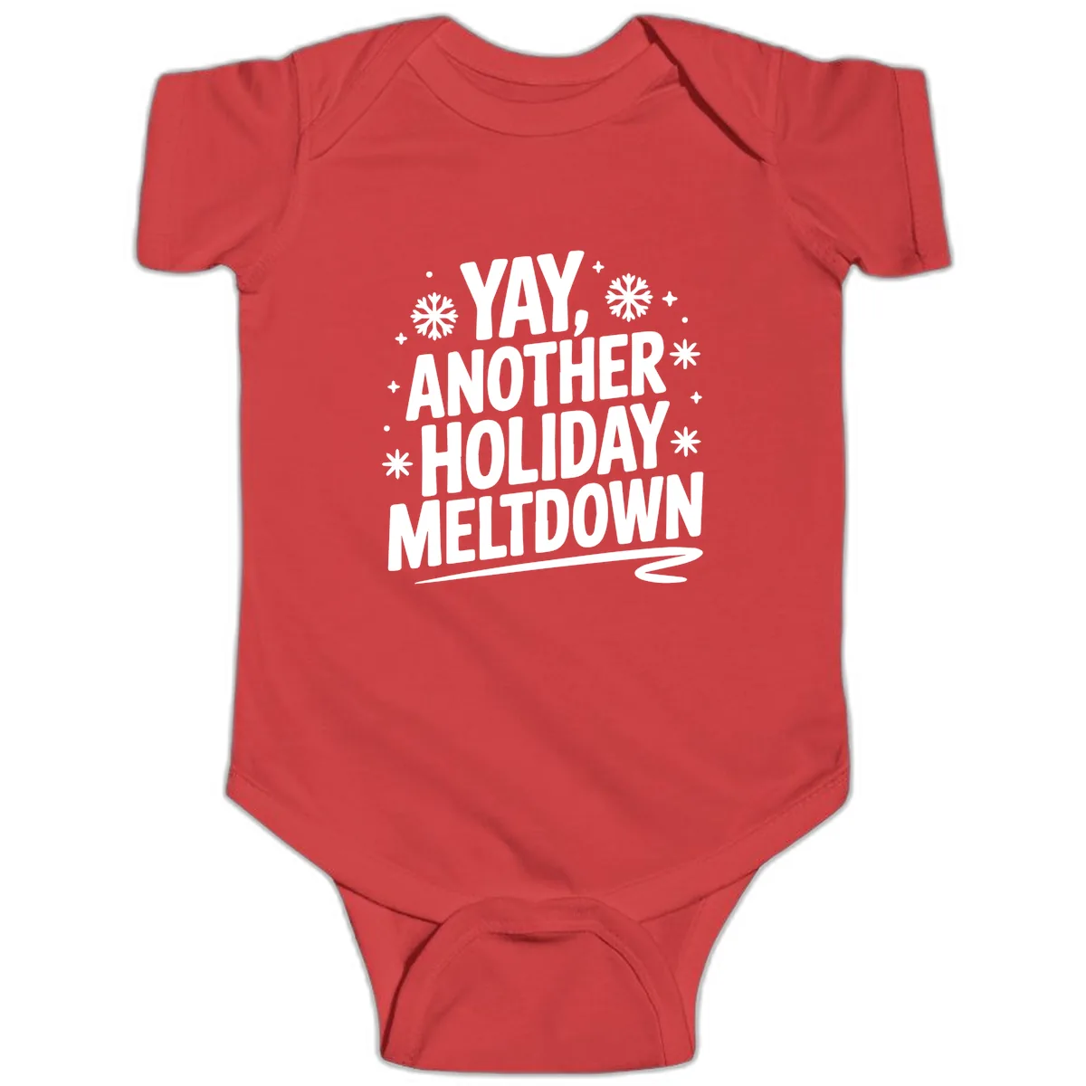 Yay, Another Holiday Meltdown Typography Baby Onesie in Red