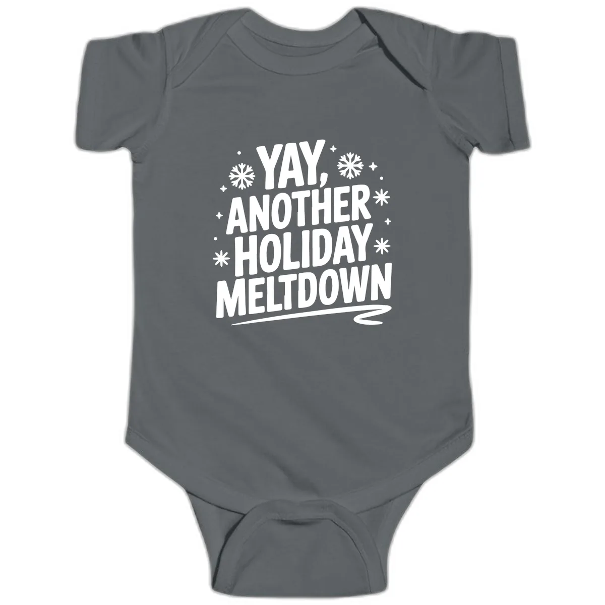 Yay, Another Holiday Meltdown Typography Baby Onesie in Charcoal
