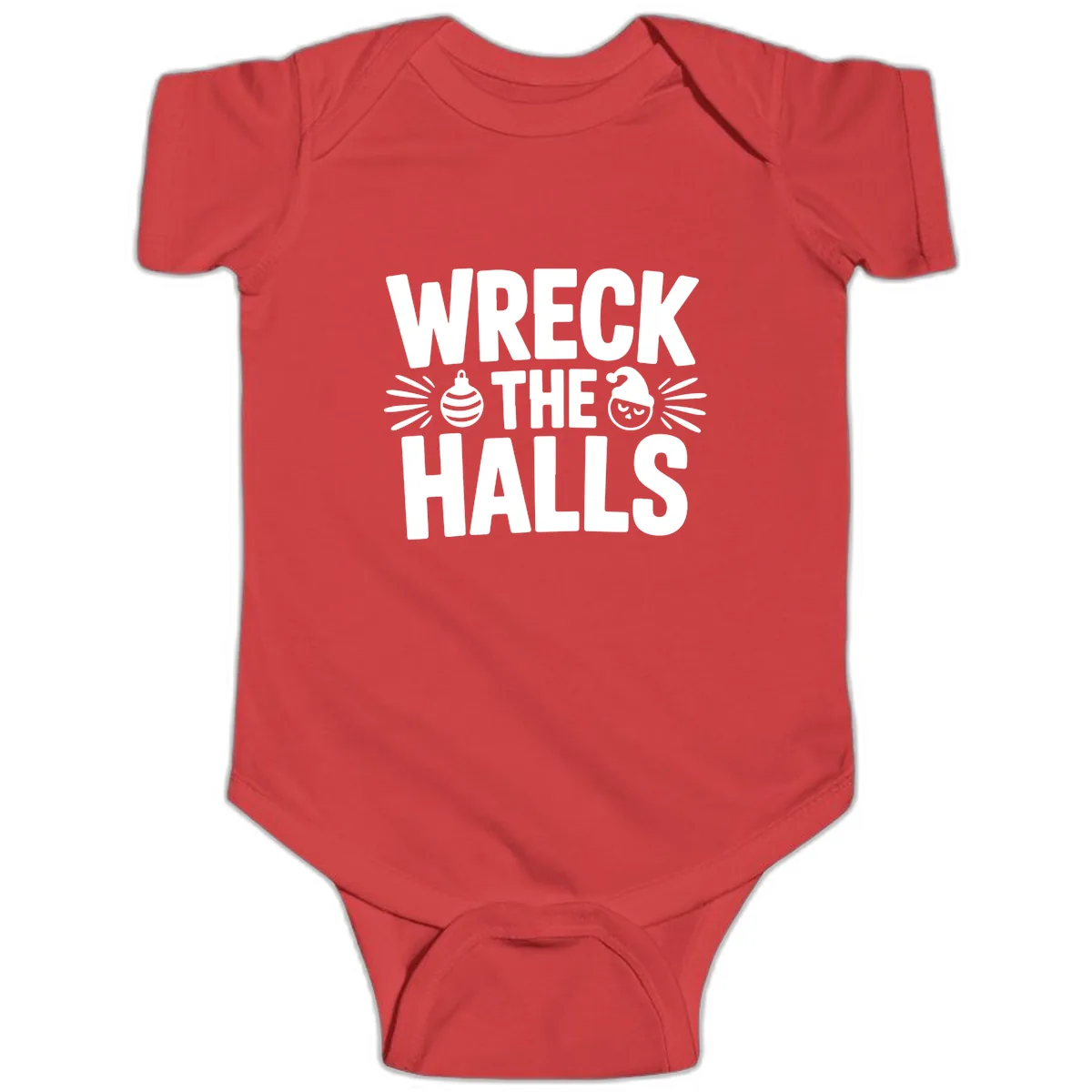 Wreck The Halls Christmas Phrase Design Baby Onesie in Red