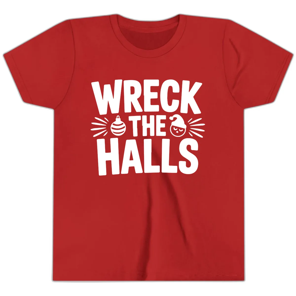 Wreck The Halls Christmas Phrase Design Youth T-Shirt in Red