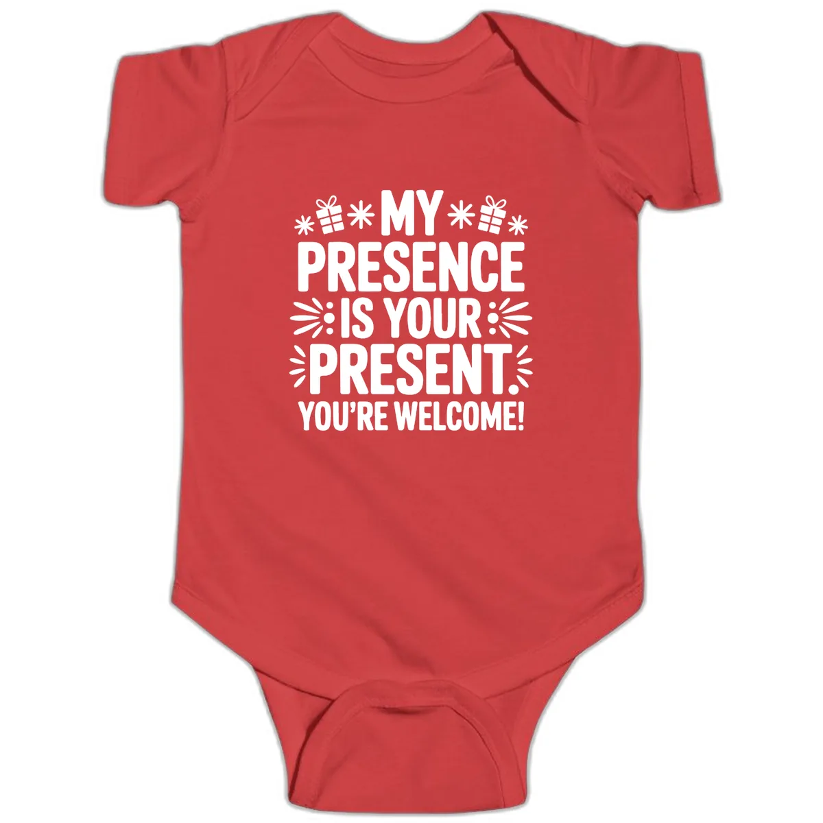 My Presence Is Your Present Typography Baby Onesie in Red