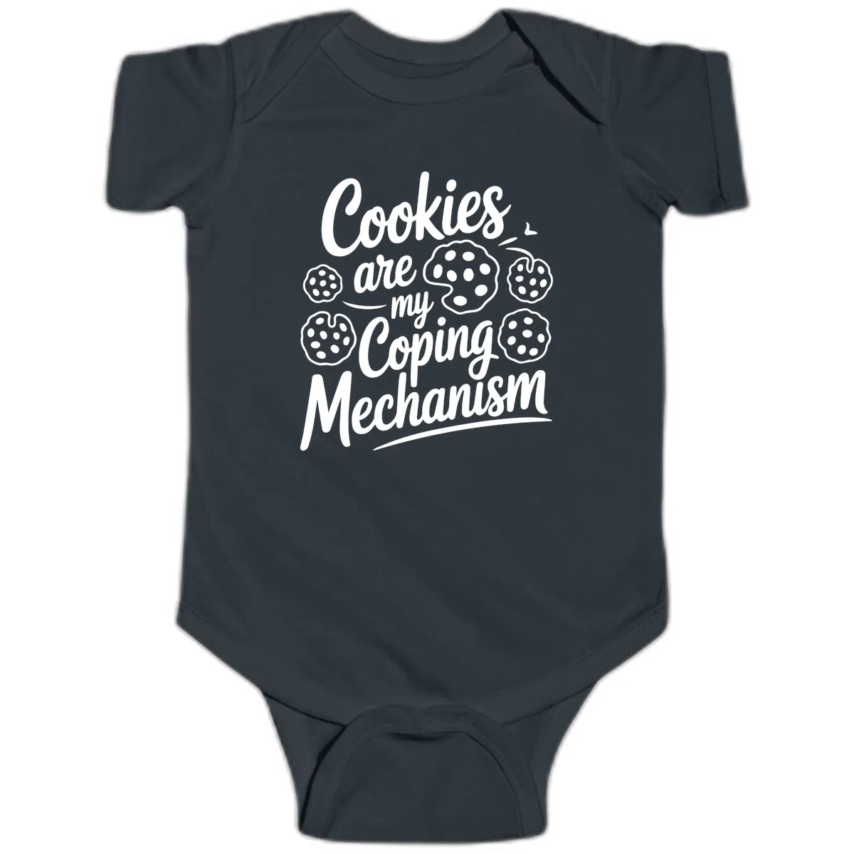 Cookies Are My Coping Mechanism Typography Baby Onesie in Black
