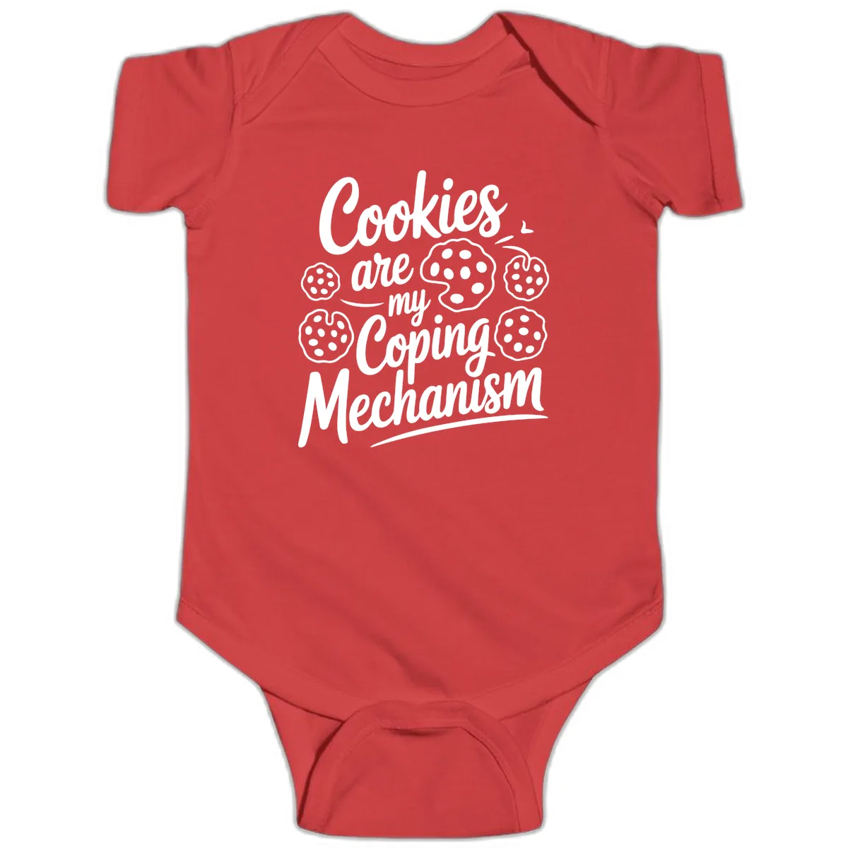 Cookies Are My Coping Mechanism Typography Baby Onesie in Red