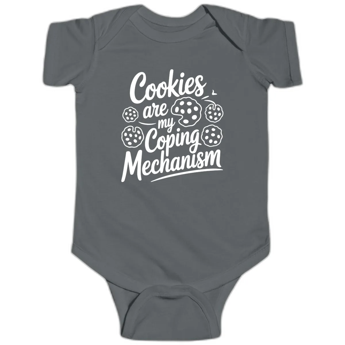 Cookies Are My Coping Mechanism Typography Baby Onesie in Charcoal