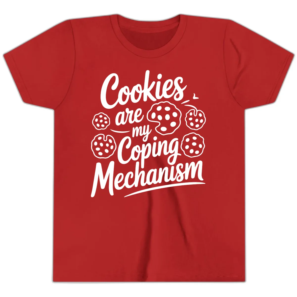 Cookies Are My Coping Mechanism Typography Youth T-Shirt in Red