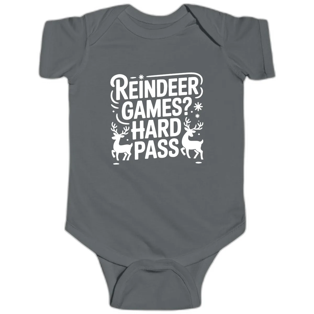 Reindeer Games Hard Pass Christmas Baby Onesie in Charcoal