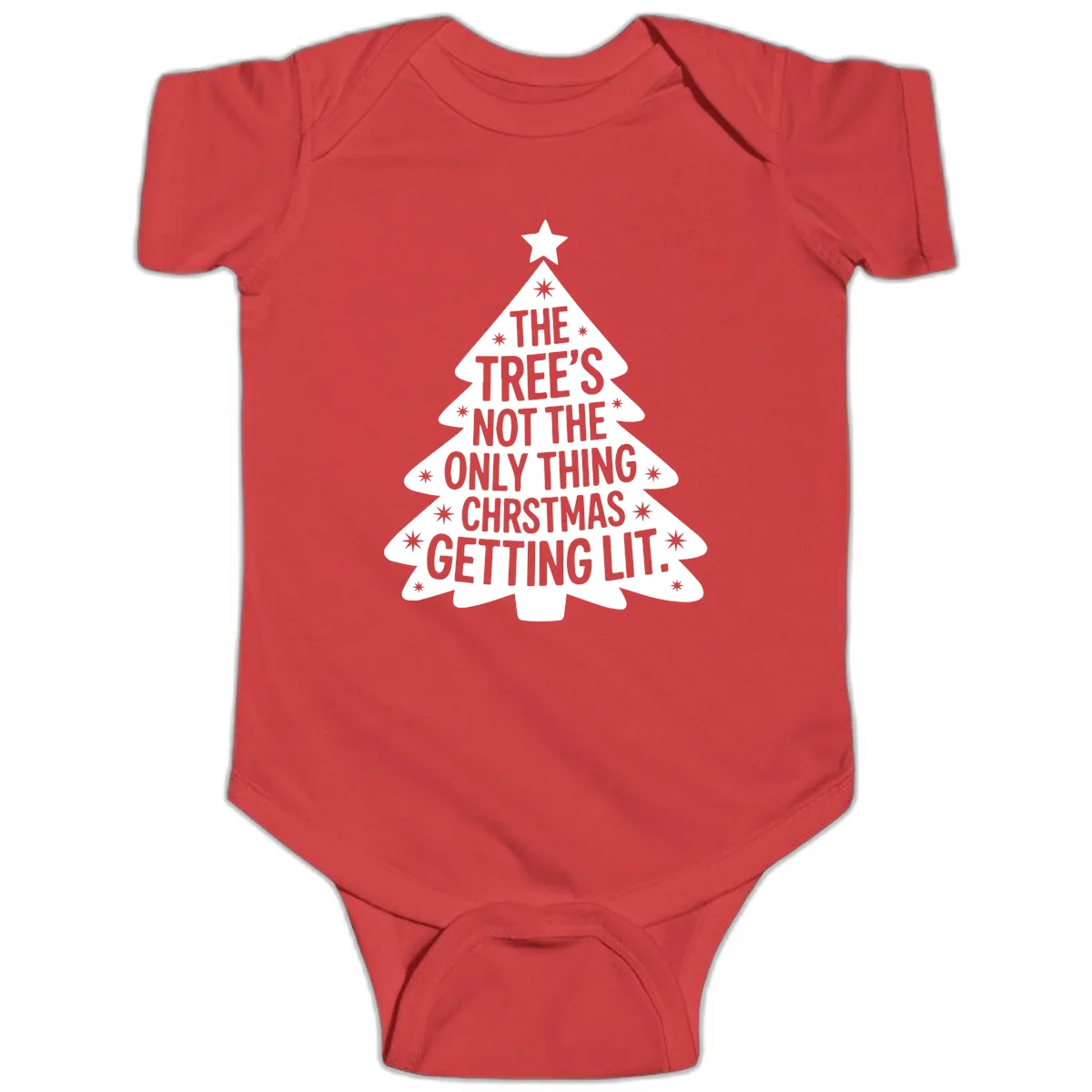 Christmas Tree Getting Lit Typography Baby Onesie in Red
