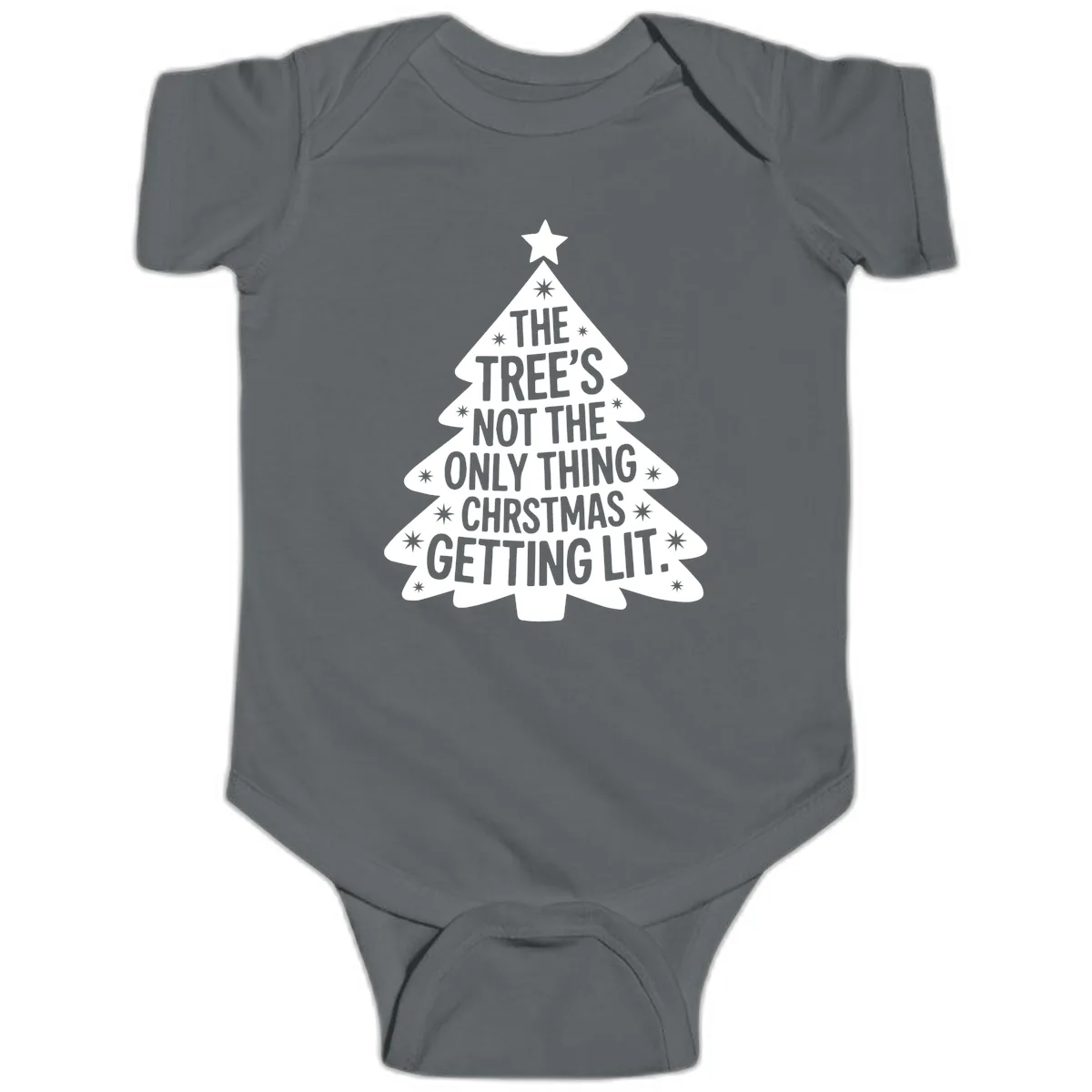 Christmas Tree Getting Lit Typography Baby Onesie in Charcoal