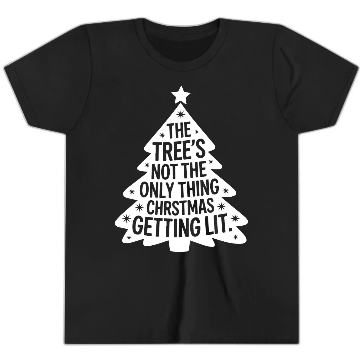 Christmas Tree Getting Lit Typography Youth T-Shirt in Black