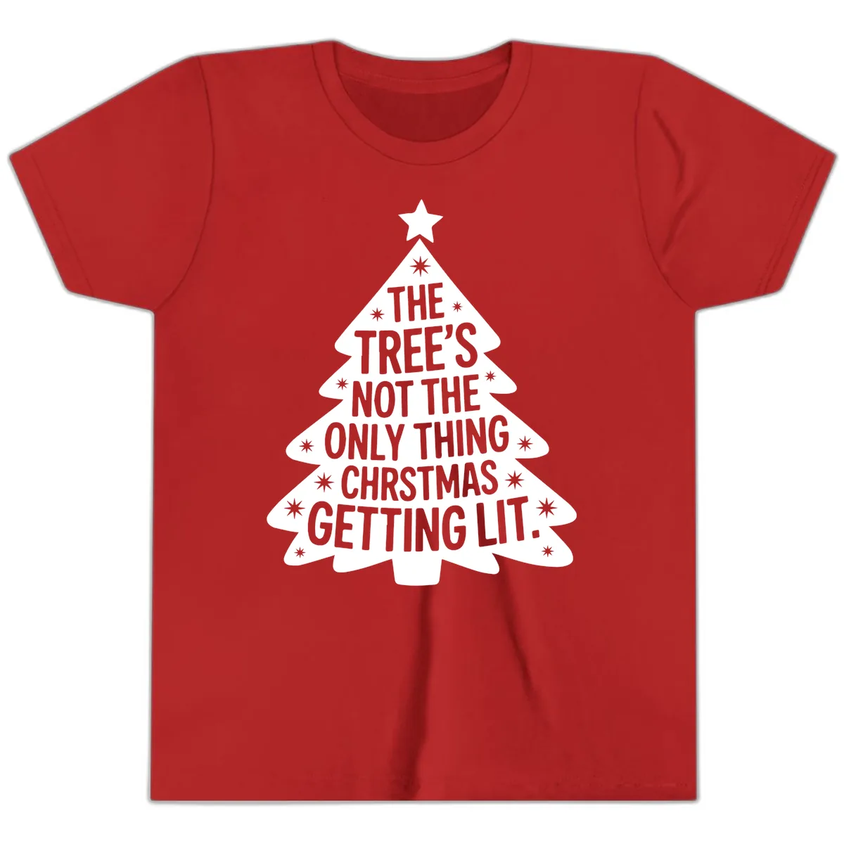 Christmas Tree Getting Lit Typography Youth T-Shirt in Red