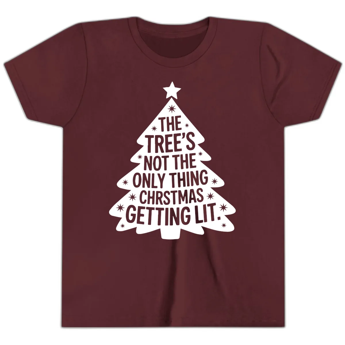 Christmas Tree Getting Lit Typography Youth T-Shirt in Maroon