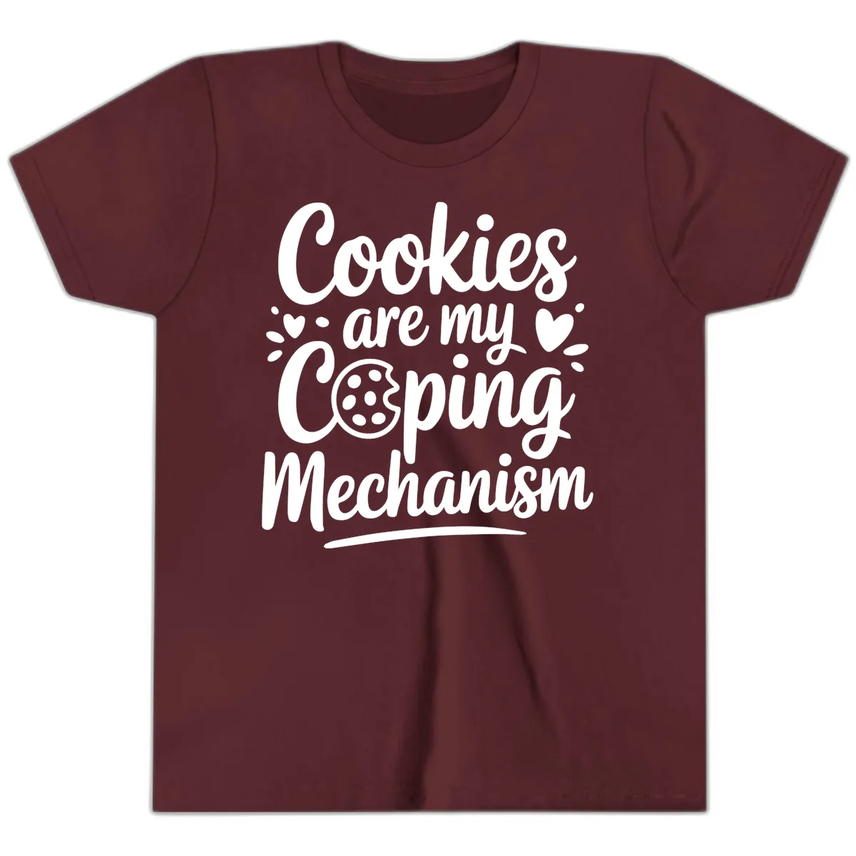 Cookies Are My Coping Mechanism Youth T-Shirt in Maroon