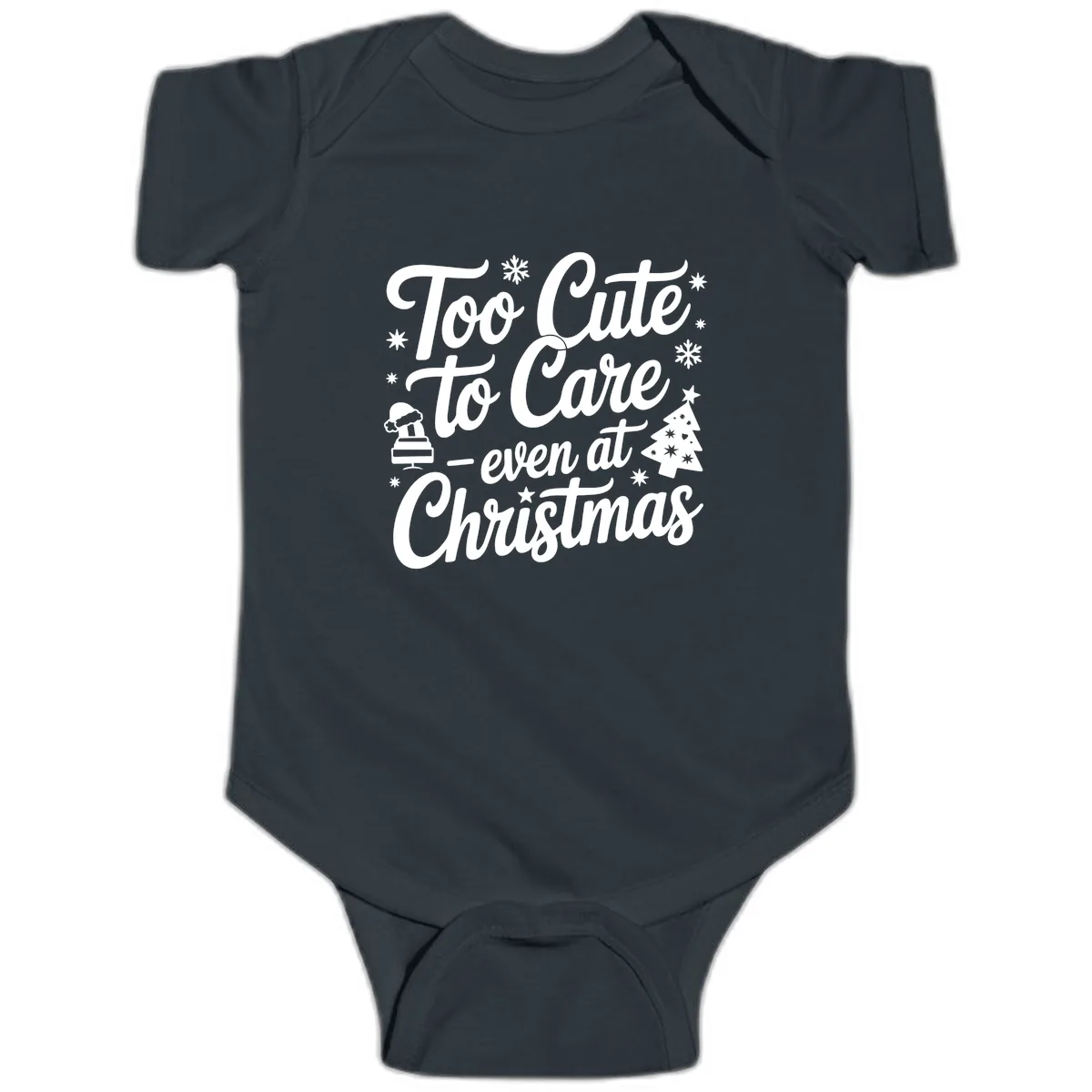 Too Cute To Care Christmas Design Baby Onesie in Black