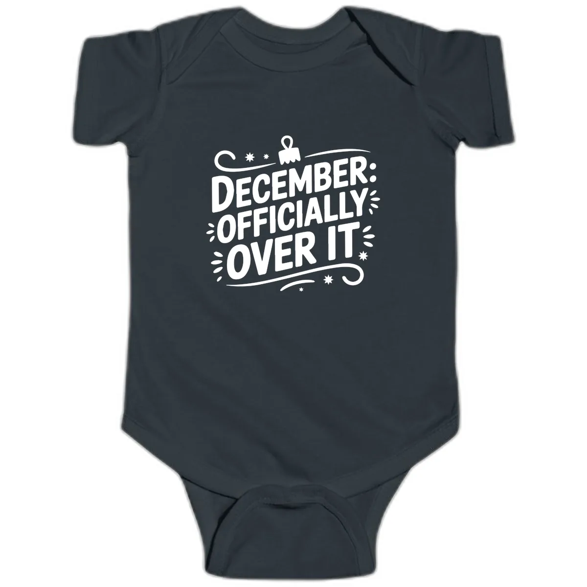 December Officially Over It Typography Baby Onesie in Black