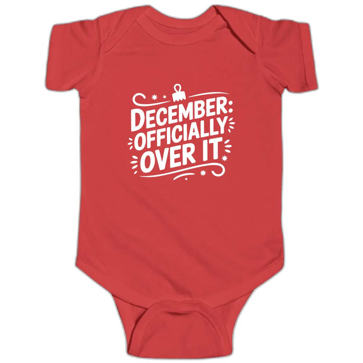 December Officially Over It Typography Baby Onesie in Red