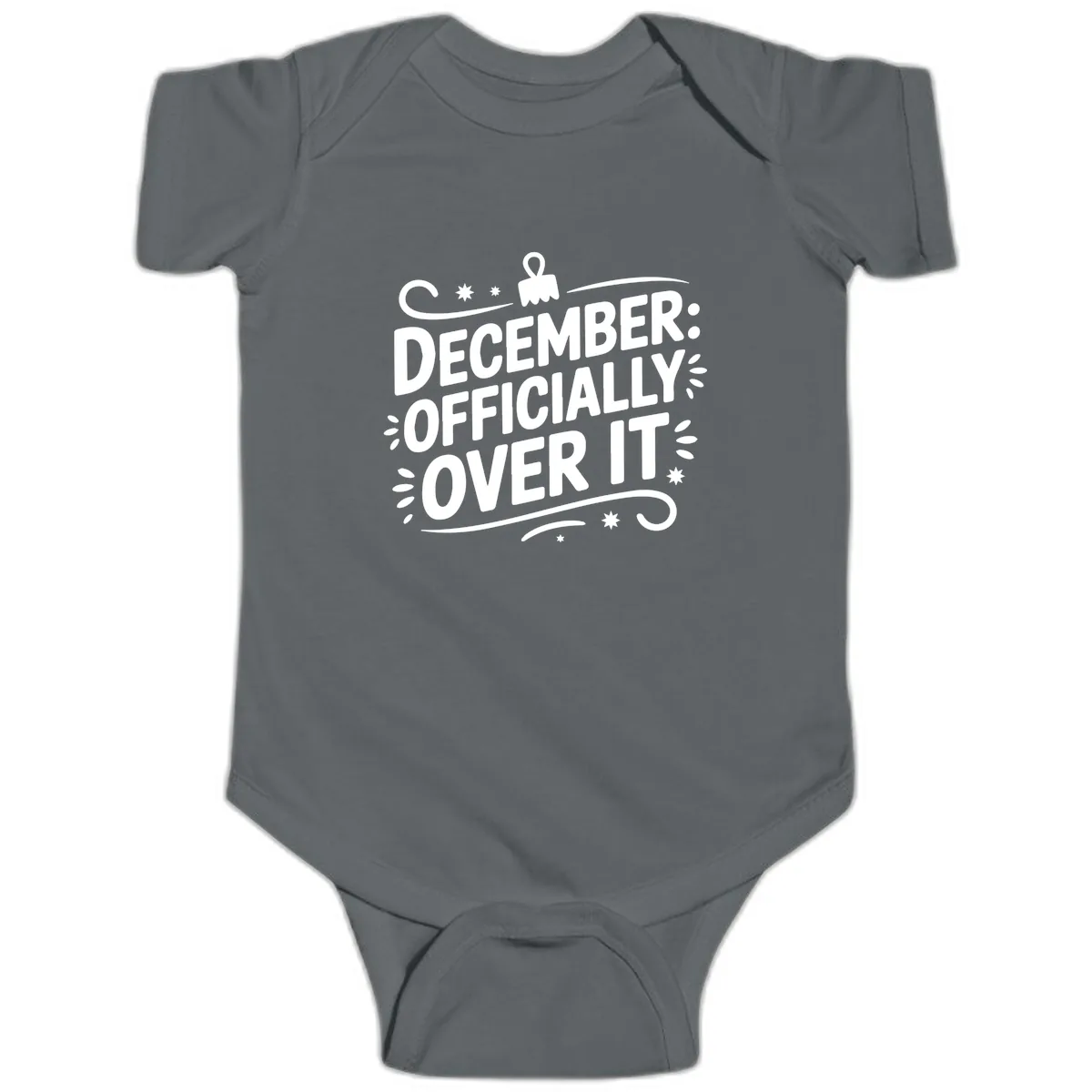 December Officially Over It Typography Baby Onesie in Charcoal